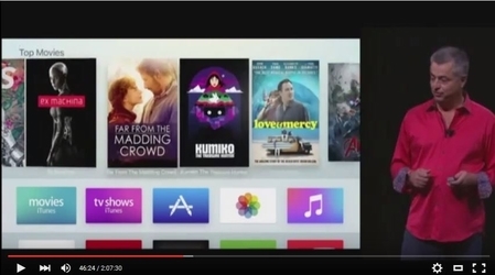 2015年9月9日,苹果公司秋季发布会上,介绍Apple TV功能。(视频截图) 2015年9月9日,苹果公司秋季发布会上,介绍Apple TV功能。(视频截图)