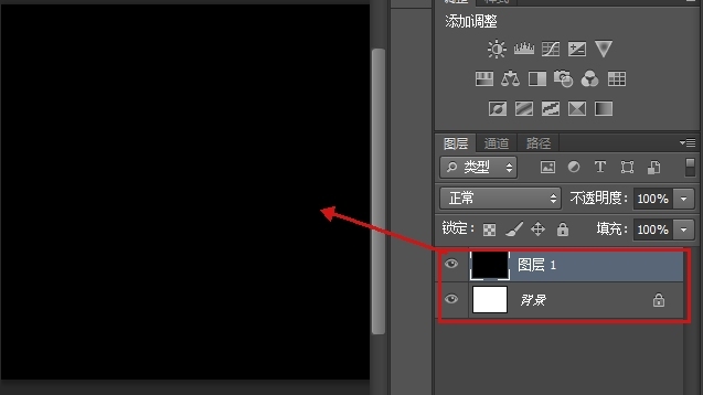 这里有上(黑)下(白)两个图层,但因为上面的图层遮住了下面的图层,所以只能看到黑色。