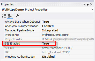 你可以在 Solution Explorer 中点击项目名称,然后到属性窗口中设置 SSL Enabled 属性