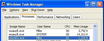 Windows XP任务管理器中的wscntfy.exe(英文版) Windows XP任务管理器中的wscntfy.exe(英文版)