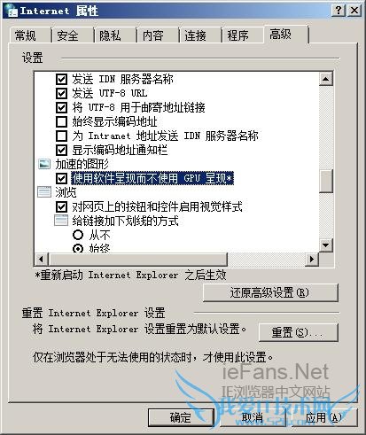 勾选“使用软件呈现而不使用GPU呈现”的选项 勾选“使用软件呈现而不使用GPU呈现”的选项