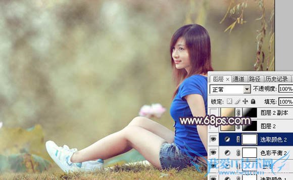 Photoshop给池塘边的美女加上唯美古典黄褐色