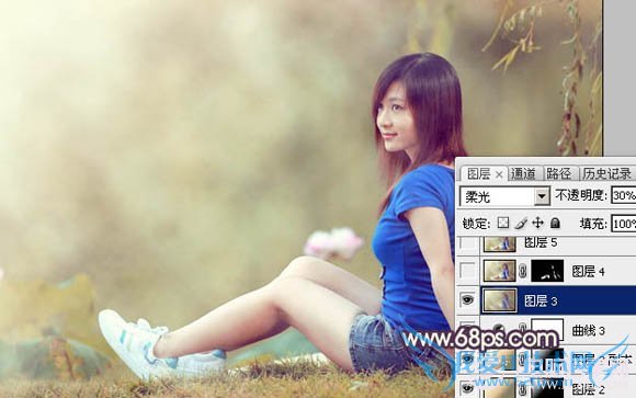 Photoshop给池塘边的美女加上唯美古典黄褐色