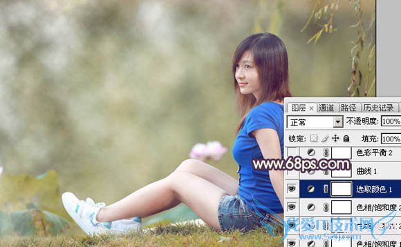 Photoshop给池塘边的美女加上唯美古典黄褐色