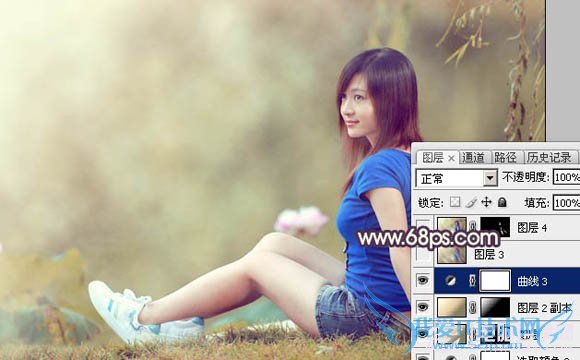 Photoshop给池塘边的美女加上唯美古典黄褐色