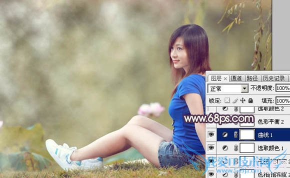 Photoshop给池塘边的美女加上唯美古典黄褐色