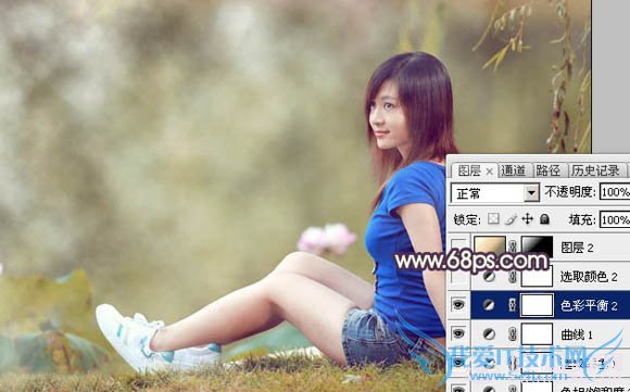 Photoshop给池塘边的美女加上唯美古典黄褐色