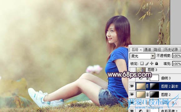 Photoshop给池塘边的美女加上唯美古典黄褐色