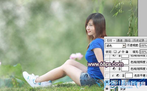 Photoshop给池塘边的美女加上唯美古典黄褐色