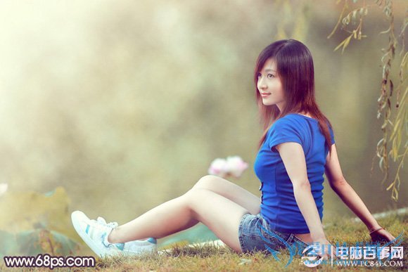 Photoshop给池塘边的美女加上唯美古典黄褐色