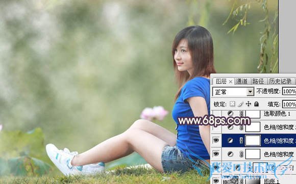 Photoshop给池塘边的美女加上唯美古典黄褐色