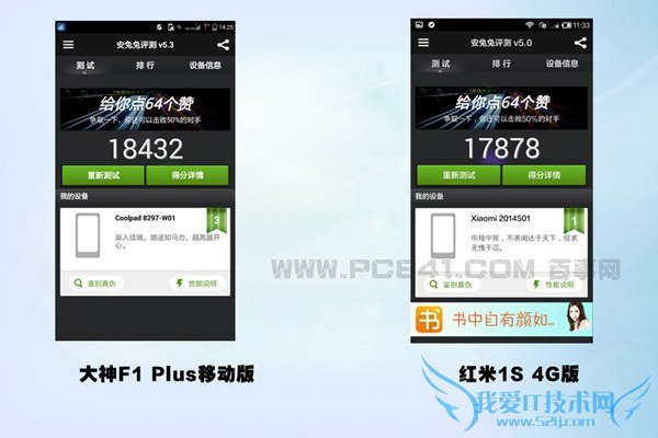 大神F1 Plus和红米1S 4G跑分对比