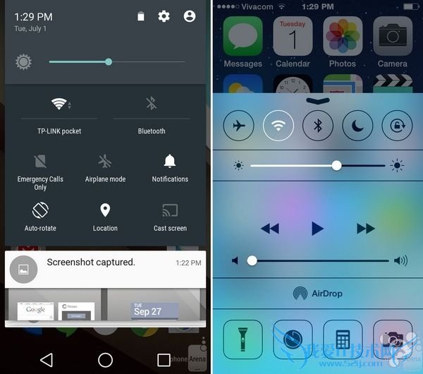 Android L和iOS 8下拉菜单界面对比