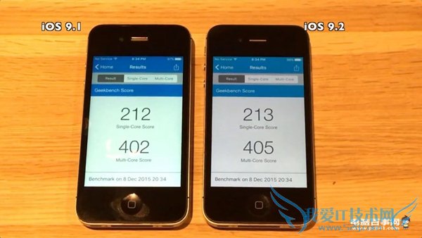 iPhone 4s分别运行iOS 9.1和iOS 9.2的对比