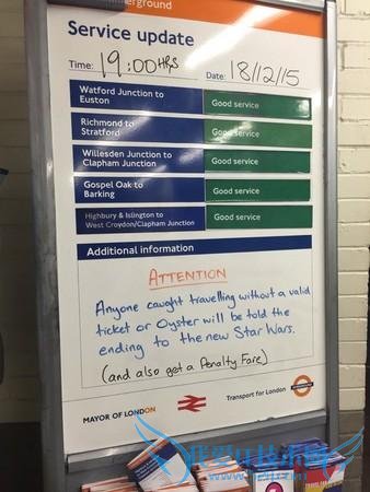 笑死!伦敦地铁逃票除罚款 将被强行剧透《星战 7》结局
