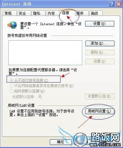 Internet选项连接中选择“从不进行拨号连接”