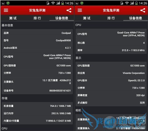 酷派大观4 mini安兔兔硬件信息检测