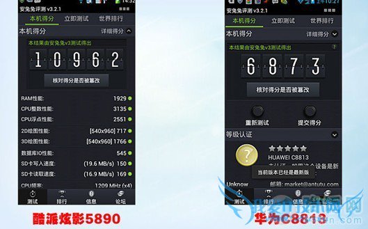 酷派炫影5890与华为C8813安兔兔跑分对比