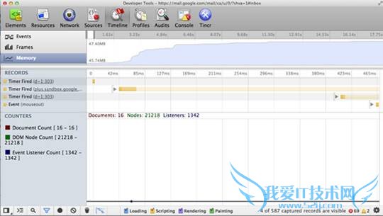 Memory statistics in Chrome Developer Tools.