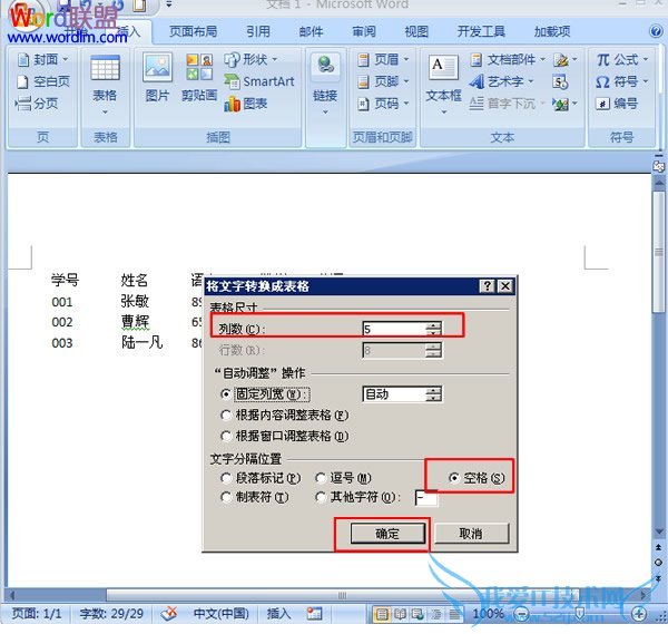 设置“将文本转换成表格”对话框