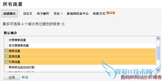 Google Analytics在默认细分中同时选择“所有访问次数”、“搜索流量”、“直接流量”和“引荐流量”