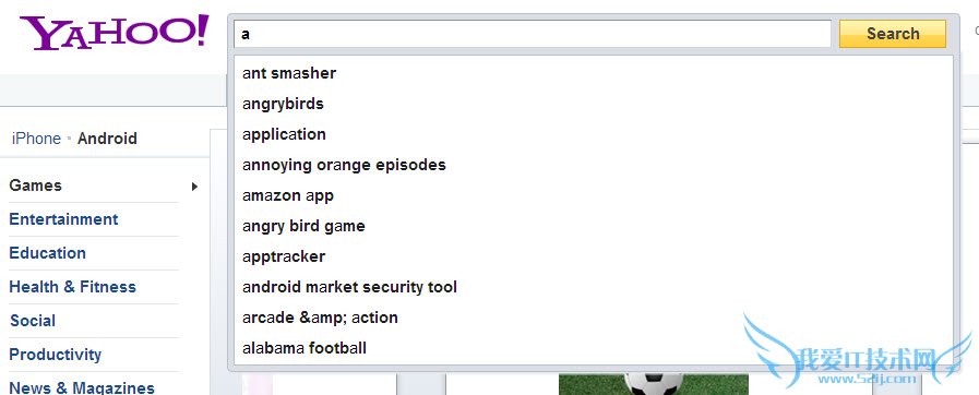雅虎应用程序的搜索建议提供应用程序特定的关键字建议输入一个字符。