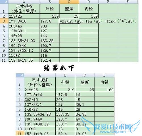 Excel中将A*B(A、B字符数量不定)分开的方法