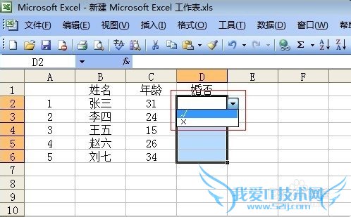如何在Excel 2003里设置一列可选择输入勾或叉