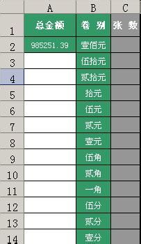 Excel根据金额求出壹佰、伍拾、贰拾、等有几张