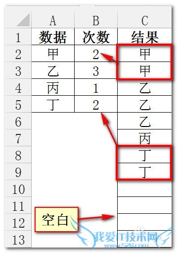 Excel把单元格数据重复指定次数显示在另外一列