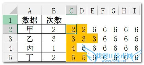 Excel把单元格数据重复指定次数显示在另外一列